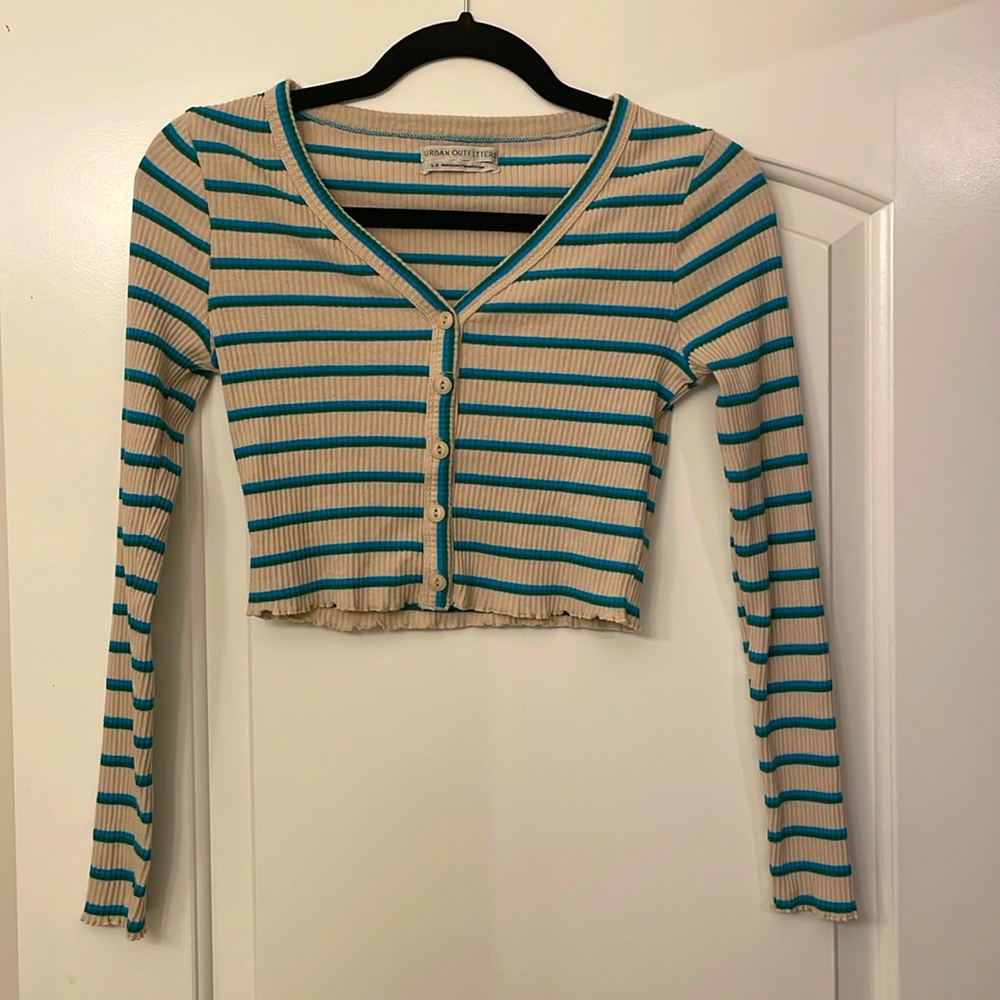 Size small cropped beige long sleeve with blue and green stripes